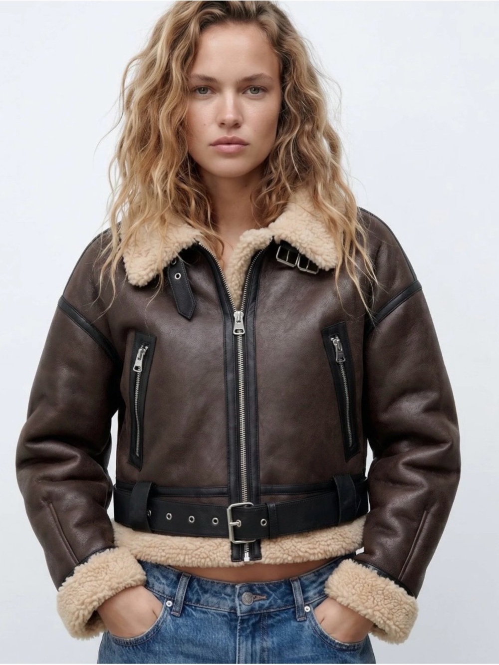 ZARA Brown Double-Faced Faux Shearling Trim Short Aviator Jacket - S - Picture 2 of 8